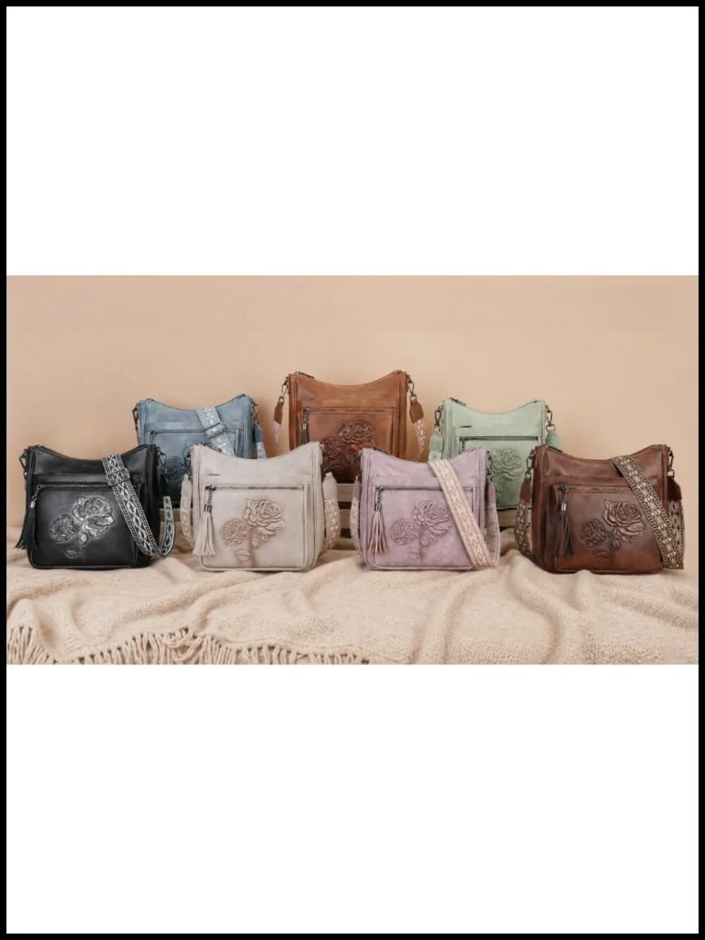 Vegan Leather Hobo Crossbody Bag Embossed Floral Shoulder Purse